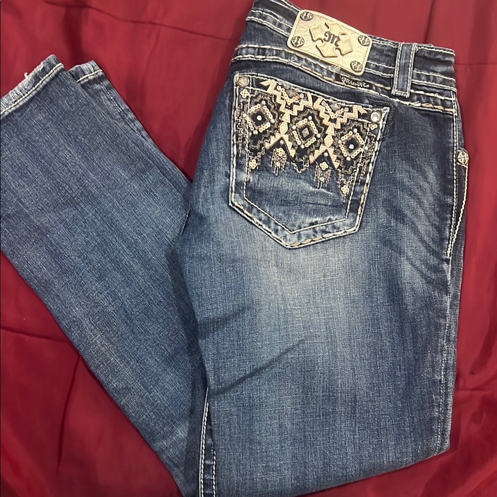 Miss Me Blue Skinny Jeans with Intricate Back Design